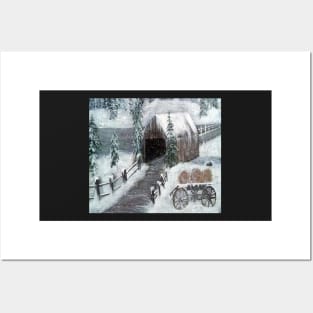 Covered Bridge Country Winter Art Snow on Pines Landscape Snowy Scene Home Décor Gift Posters and Art